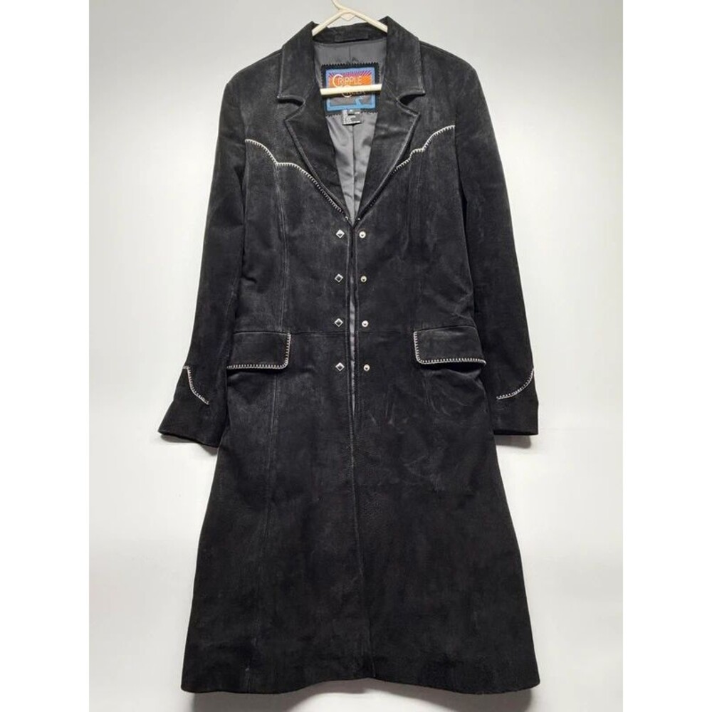 Cripple Creek Black Suede Leather Long Western Jacket Stud Contrast Stitch M EUC